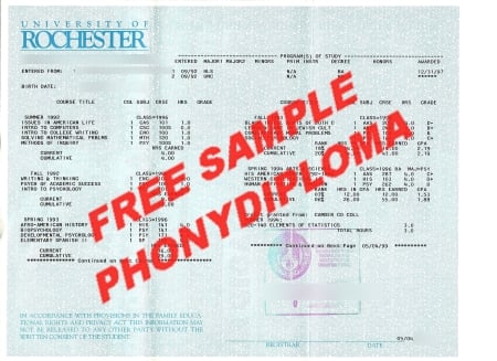 Usa New York University Of Rochester Actual Match Transcript Free Sample From Phonydiploma · United States