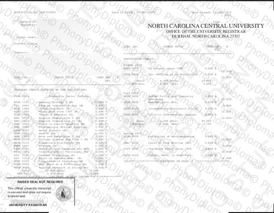 Usa Nort Carolina Central University Actual Match Transcript Free Sample From Phonydiploma · United States
