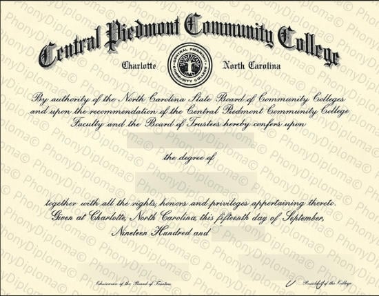 Usa North Carolina Central Piedmont Community College Fake Diploma From Phonydiploma · United States