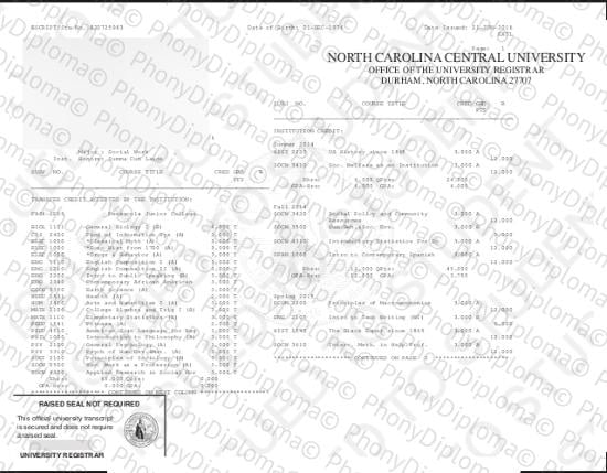 Usa North Carolina Central University Actual Match Transcript Free Sample From Phonydiploma · United States