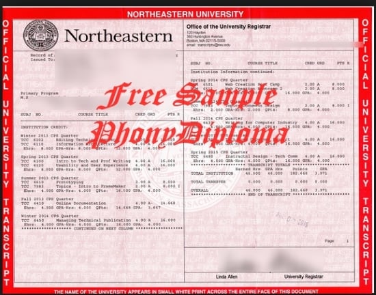 Usa Northeastern University Actual Match Transcript Free Sample From Phonydiploma · United States