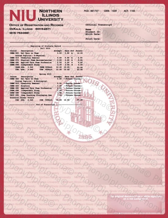 Usa Northern Illinois University Actual Match Transcript Free Sample From Phonydiploma · United States