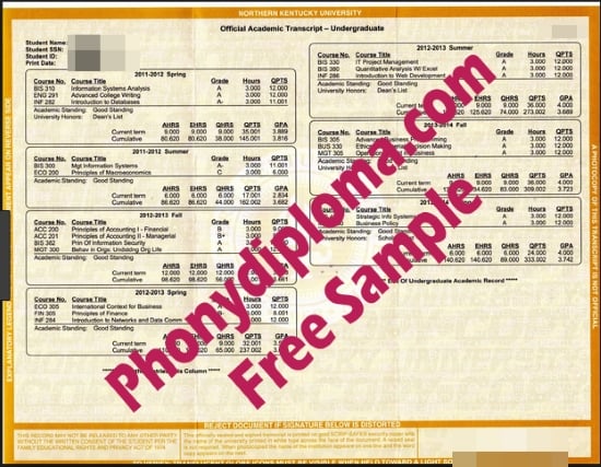Usa Northern Kentucky University Actual Match Transcript Free Sample From Phonydiploma · United States