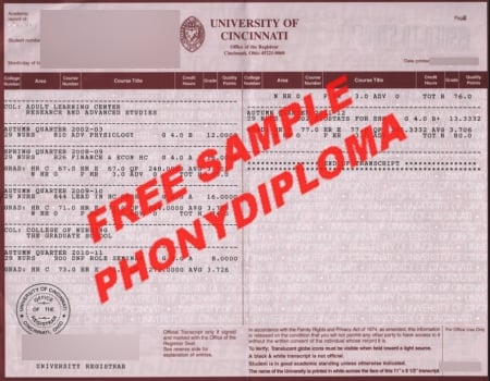 Usa Ohio University Of Cincinnati Actual Match Transcript Free Sample From Phonydiploma · United States