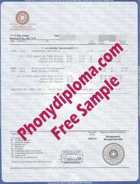 Usa Oklahoma City Community College House Design Transcript Free Fake Sample · United States