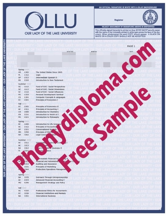Usa Our Lady Of The Lake University Actual Match Transcript Free Sample From Phonydiploma · United States