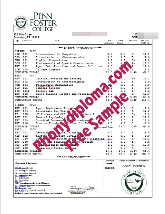 Usa Penn Foster College House Design Transcripts Free Sample From Phonydiploma · United States