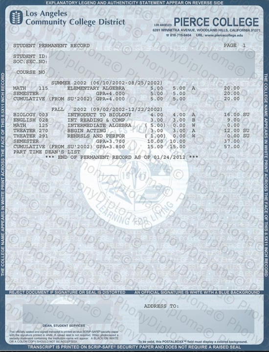 Usa Pierce College Actual Match Transcript Free Sample From Phonydiploma · United States