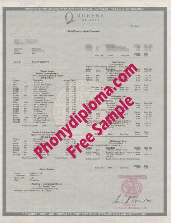 Usa Queens College Actual Match Transcripts Sample From Phonydiploma · United States