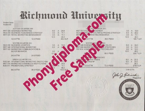 Usa Richmond University Actual Match Transcript Free Sample From Phonydiploma · United States