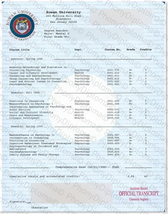 Usa Rowan University Actual Match Transcript Free Sample From Phonydiploma · United States