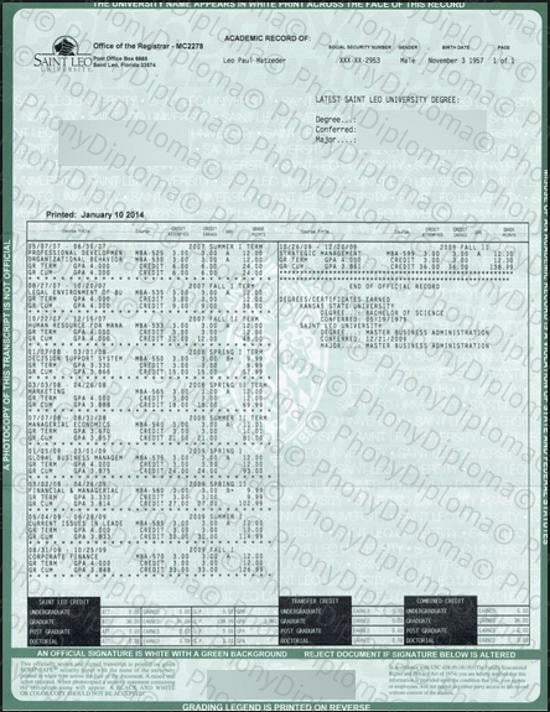 Usa Saint Leo University Actual Match Transcript Free Sample From Phonydiploma · United States