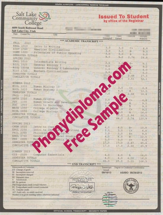 Usa Salt Lake Community College House Design Transcript Free Sample From Phonydiploma · United States