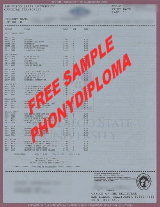 Usa San Diego State University Actual Match Transcript Free Sample From Phonydiploma · United States