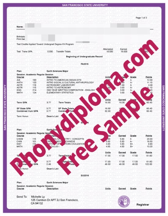 Usa San Francisco State University Actual Match Transcript Free Sample From Phonydiploma · United States