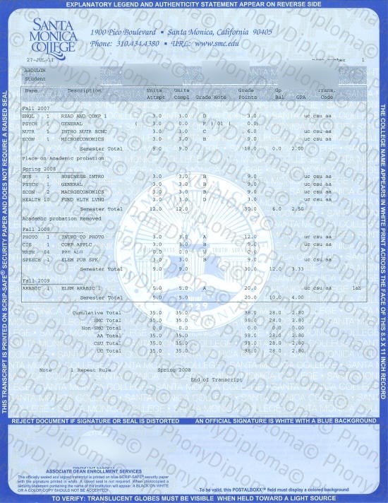 Usa Santa Monica College Actual Match Transcript Free Sample From Phonydiploma · United States