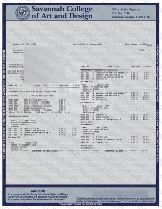 Usa Savannah Collegeof Art And Design Actual Match Transcript Free Sample From Phonydiploma · United States