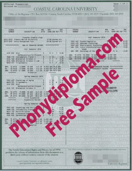 Usa South Carolina Coastal Carolina University Actual Match Transcripts Free Sample From Phonydiploma · United States