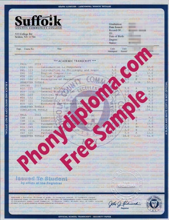 Usa Suffolk County Community College House Match Transcript Free Sample From Phonydiploma · United States