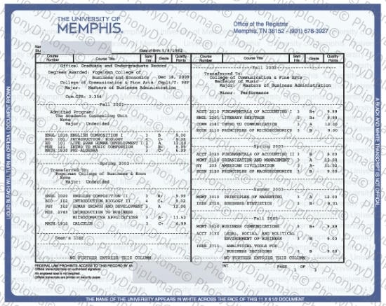 Usa Tennesse University Of Memphis Actual Match Transcript Free Sample From Phonydiploma · United States