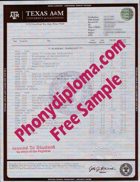 Usa Texas A&M University House Design Transcript Free Sample From Phonydiploma · United States