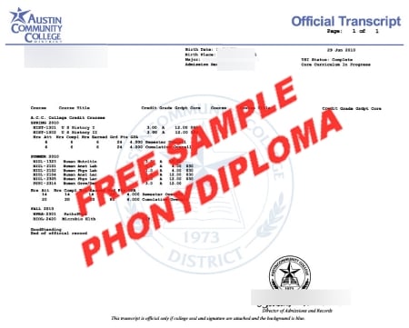 Usa Texas Austin Community College Actual Match Transcript Free Sample From Phonydiploma · United States