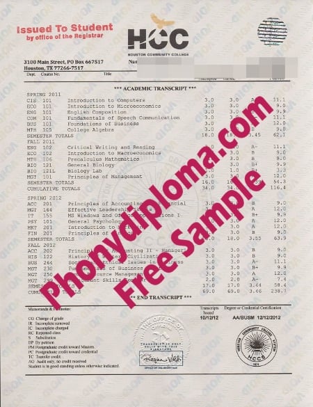 Usa Texas Houston Community College Actual Match Transcript Free Sample From Phonydiploma · United States