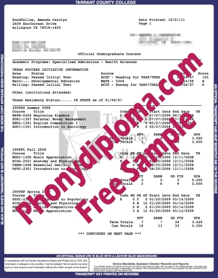 Usa Texas Tarrant County College Actual Match Transcript Free Sample From Phonydiploma · United States