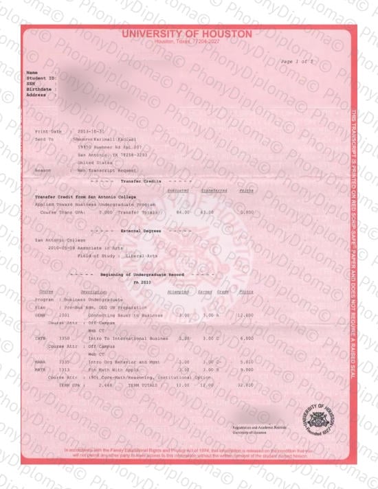 Usa Texas University Of Houston Actual Match Transcript Free Sample From Phonydiploma · United States