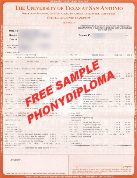 Usa Texas University Of Texas San Antonio Actual Match Transcript Free Sample From Phonydiploma · United States