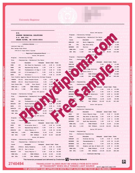 Usa The Ohio State University Actual Match Transcript Free Sample From Phonydiploma · United States