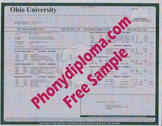 Usa The Ohio University Actual Match Transcript Free Sample From Phonydiploma · United States