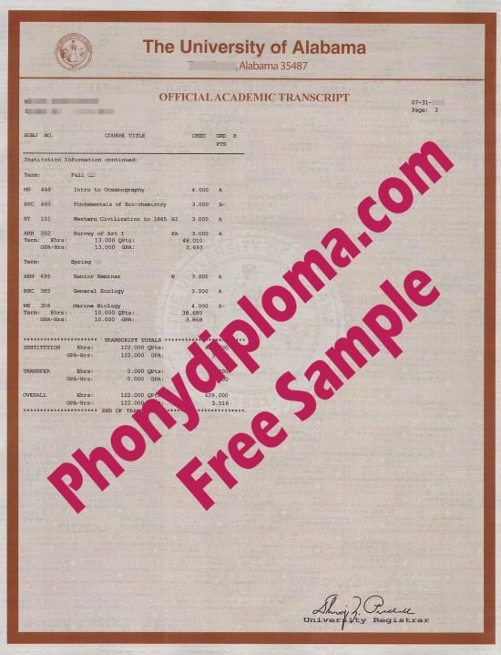 Usa The University Of Alabama Actual Match Transcript Free Sample From Phonydiploma · United States