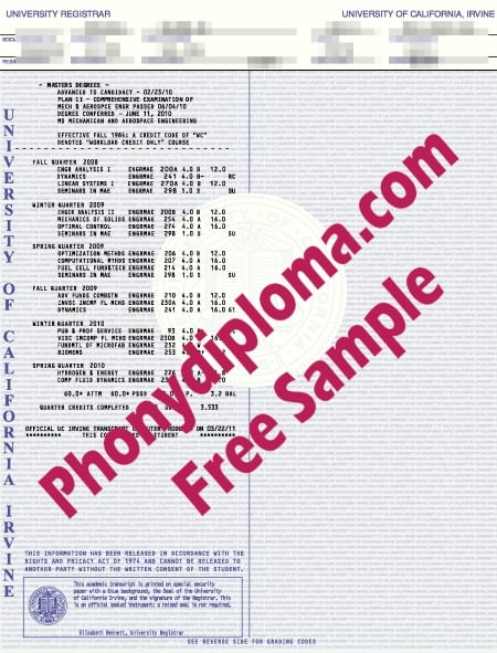 Usa University Of California Irvine Actual Match Transcript Free Sample From Phonydiploma · United States
