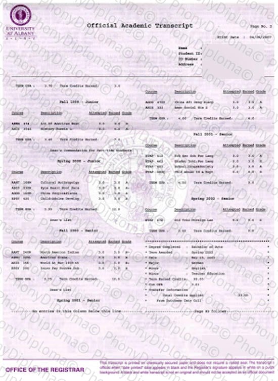 Usa University Of Albany Actual Match Transcript Free Sample From Phonydiploma · United States