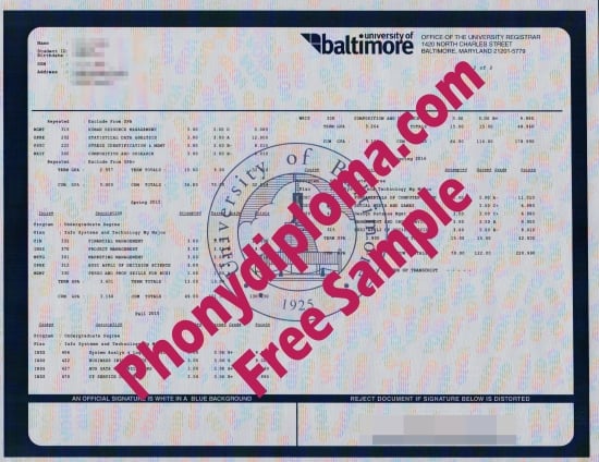 Usa University Of Baltimore Actual Match Transcript Free Sample From Phonydiploma · United States