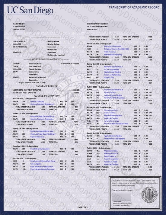 Usa University Of California San Diego Actual Match Transcript Free Sample From Phonydiploma · United States