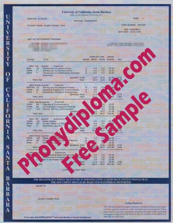 Usa University Of California Santa Barbara Actual Match Transcript Free Sample From Phonydiploma · United States