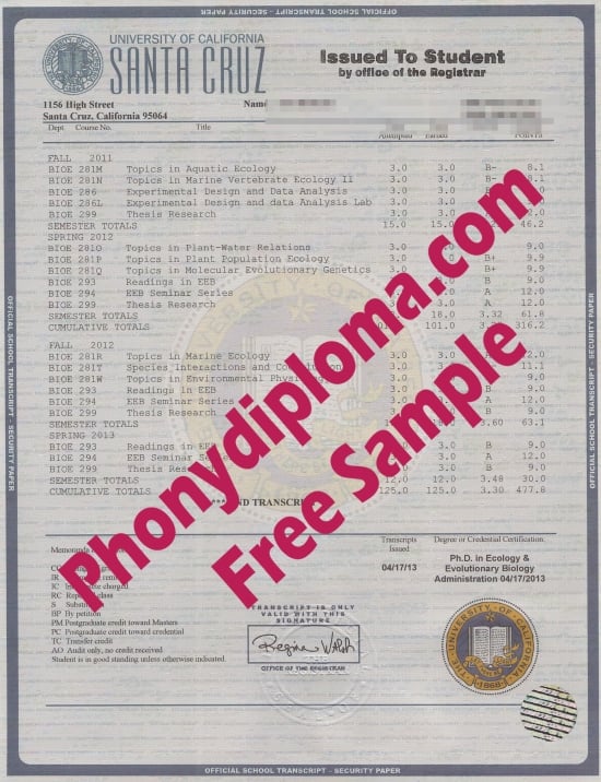 Usa University Of California Santa Cruz House Match Transcript Free Sample From Phonydiplom · United States