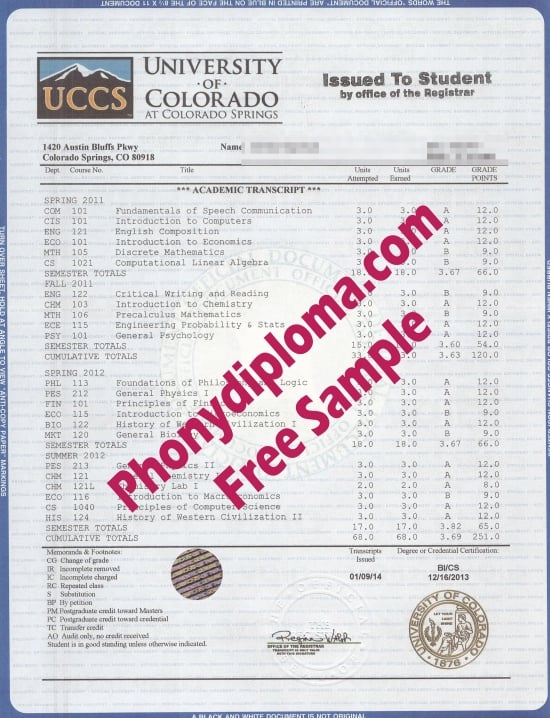 Usa University Of Colorado Colorado Springs House Match Transcript Free Sample From Phonydiploma · United States