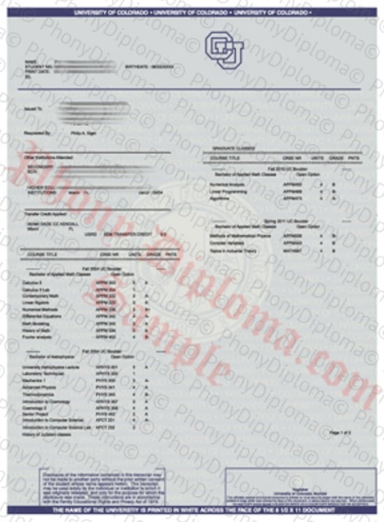 Usa University Of Colorado  Denver Actual Match Transcripts Free Sample From Phonydiploma · United States