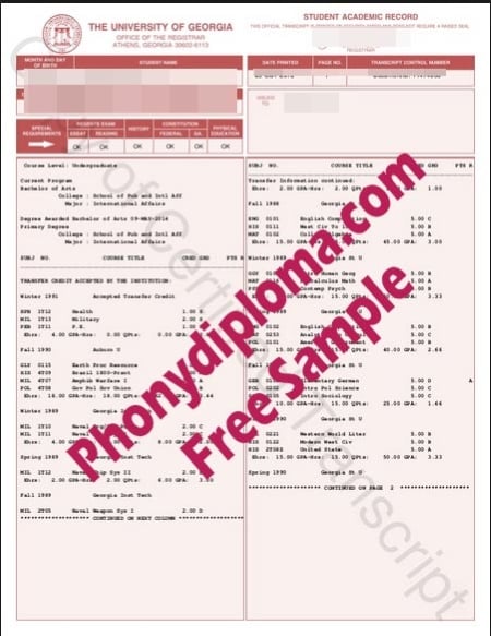 Usa University Of Georgia Actual Match Transcript Free Sample From Phonydiploma · United States