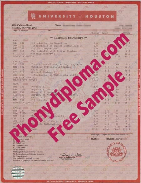 Usa University Of Houston House Design Transcripts Free Sample From Phonydiploma · United States