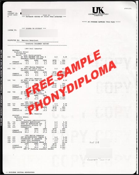 Usa University Of Kentucky Actual Match Transcript Free Sample From Phonydiploma · United States