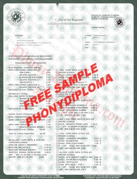 Usa University Of Maryland Actual Match Transcript Fake Diploma Sample · United States