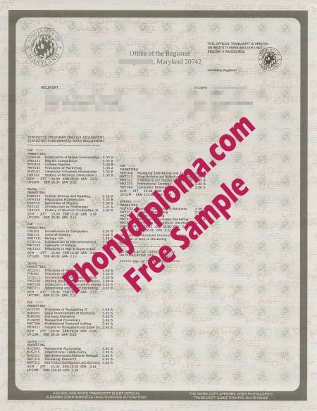 Usa University Of Maryland Actual Match Transcripts College Park Free Sample From Phonydiploma · United States