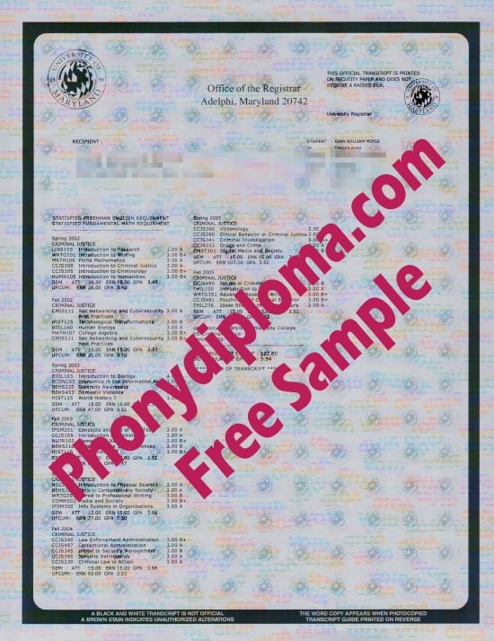Usa University Of Maryland Actual Match Transcripts Free Sample From Phonydiploma · United States
