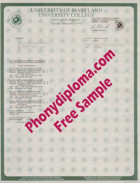 Usa University Of Maryland University College Actual Match Trancript Free Sample From Phonydiploma · United States