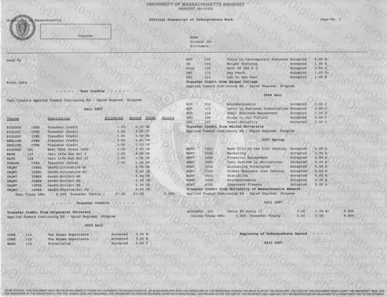 Usa University Of Massachusetts Amherst Actual Match Transcript Free Sample From Phonydiploma · United States