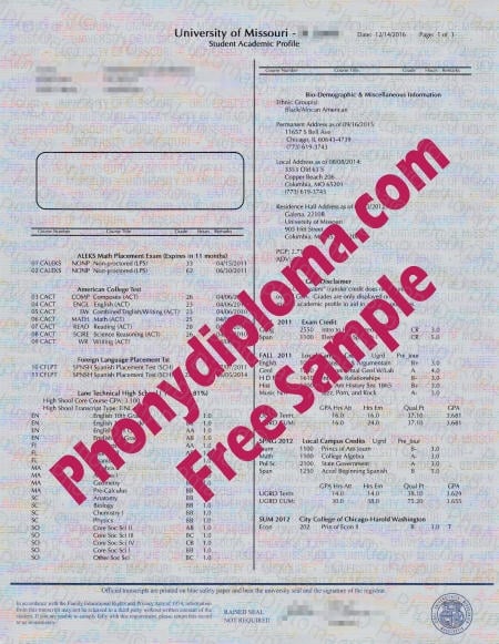 Usa University Of Missouri Actual Match Transcript Free Fake Sample · United States